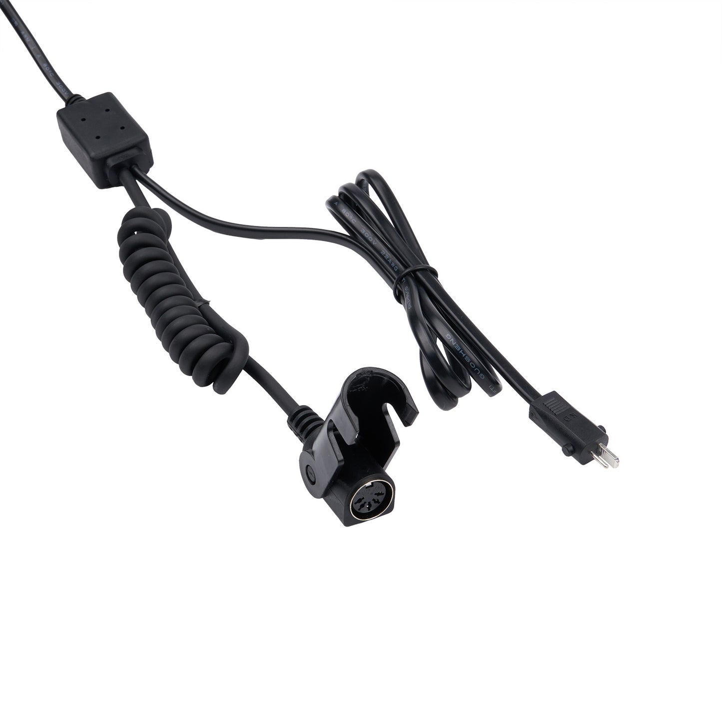 Black cable with connectors on a white background