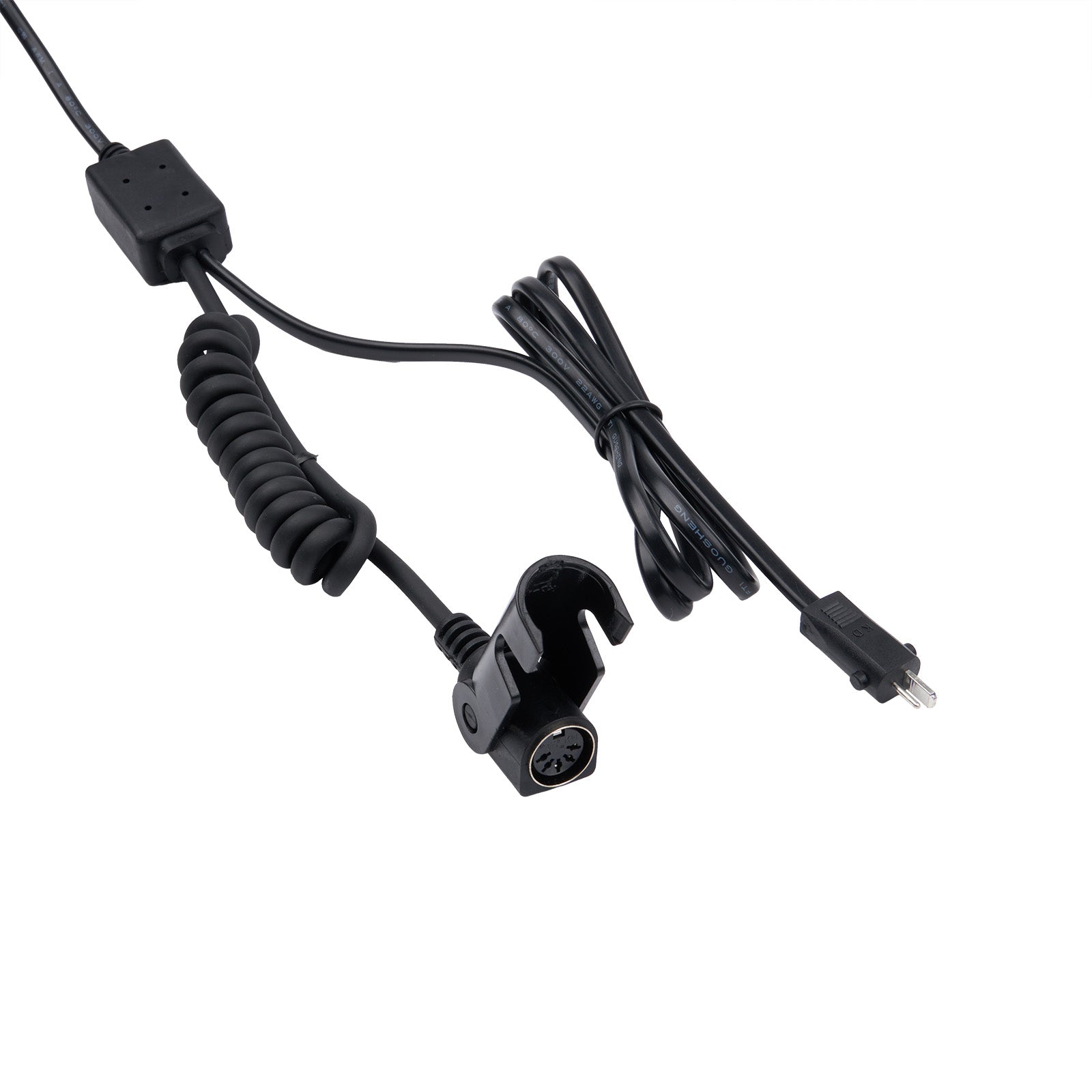 Black cable with connectors on a white background