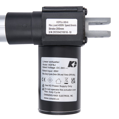 Linear actuator with Kadi branding and specifications on a white background