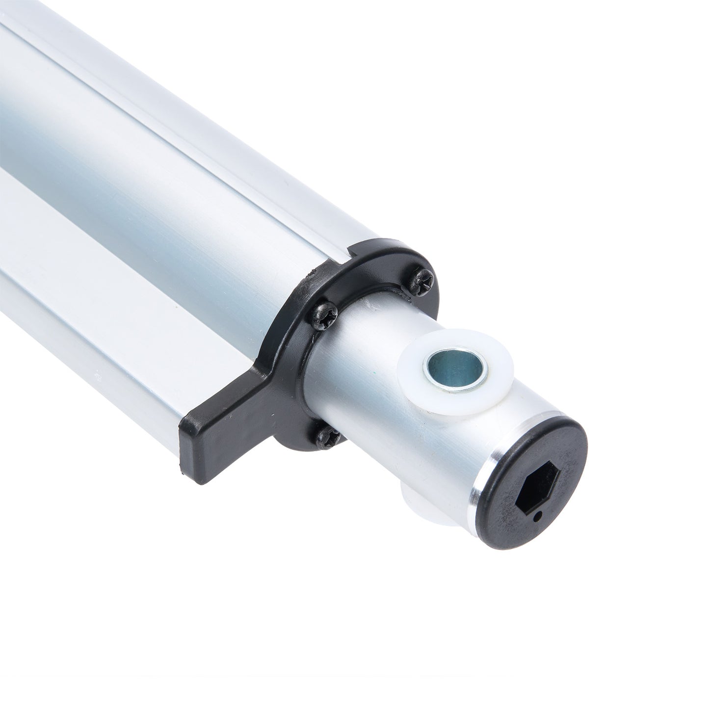 Close-up of a cylindrical metal component with a white background