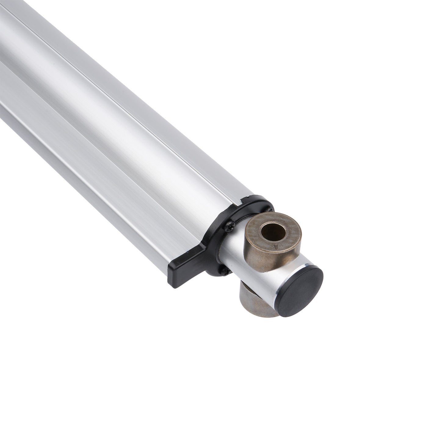 Metallic cylindrical object with a threaded end on a white background