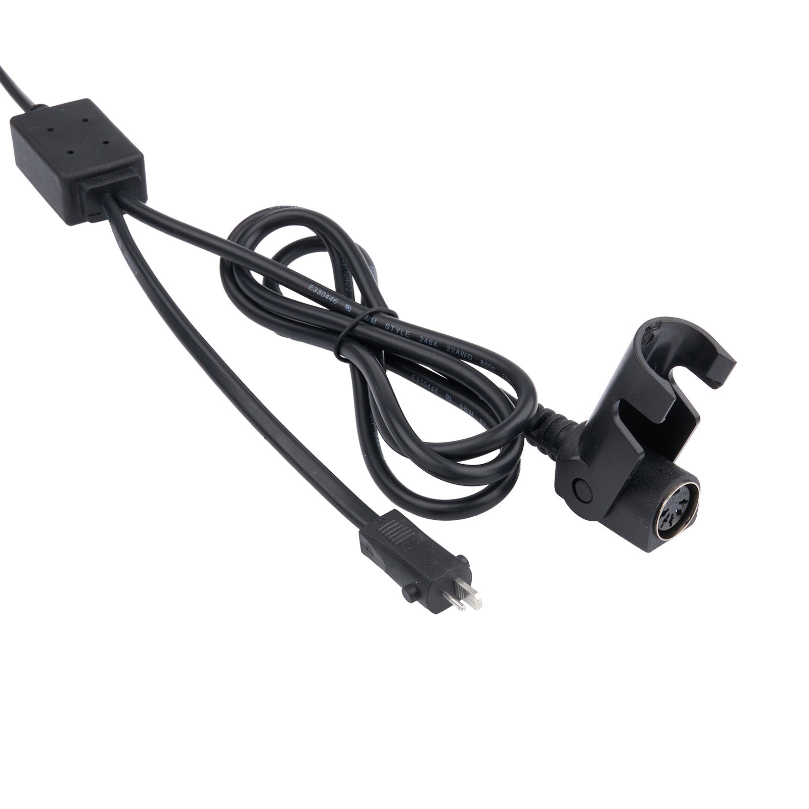Black electronic device with cable on a white background