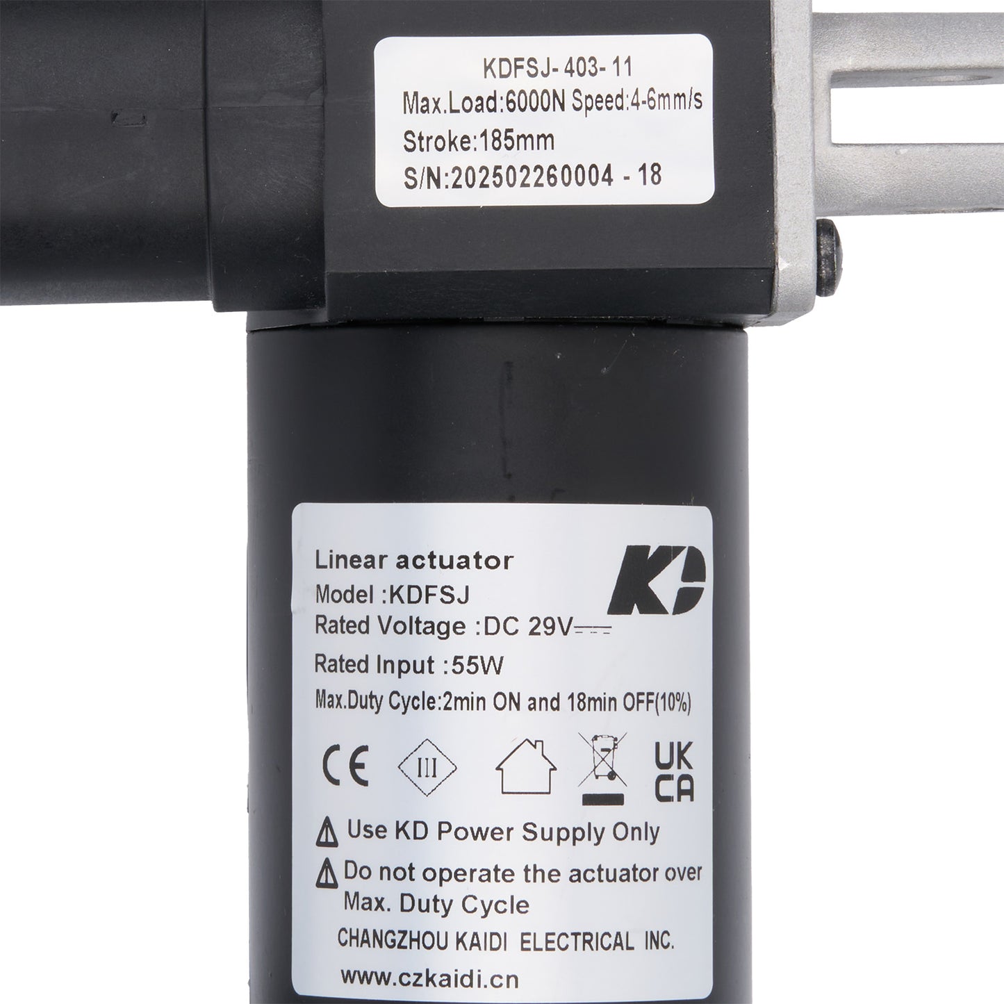 Linear actuator with specifications label on a white background