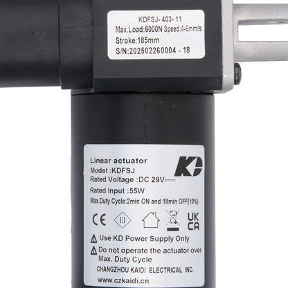 Linear actuator with specifications label on a white background