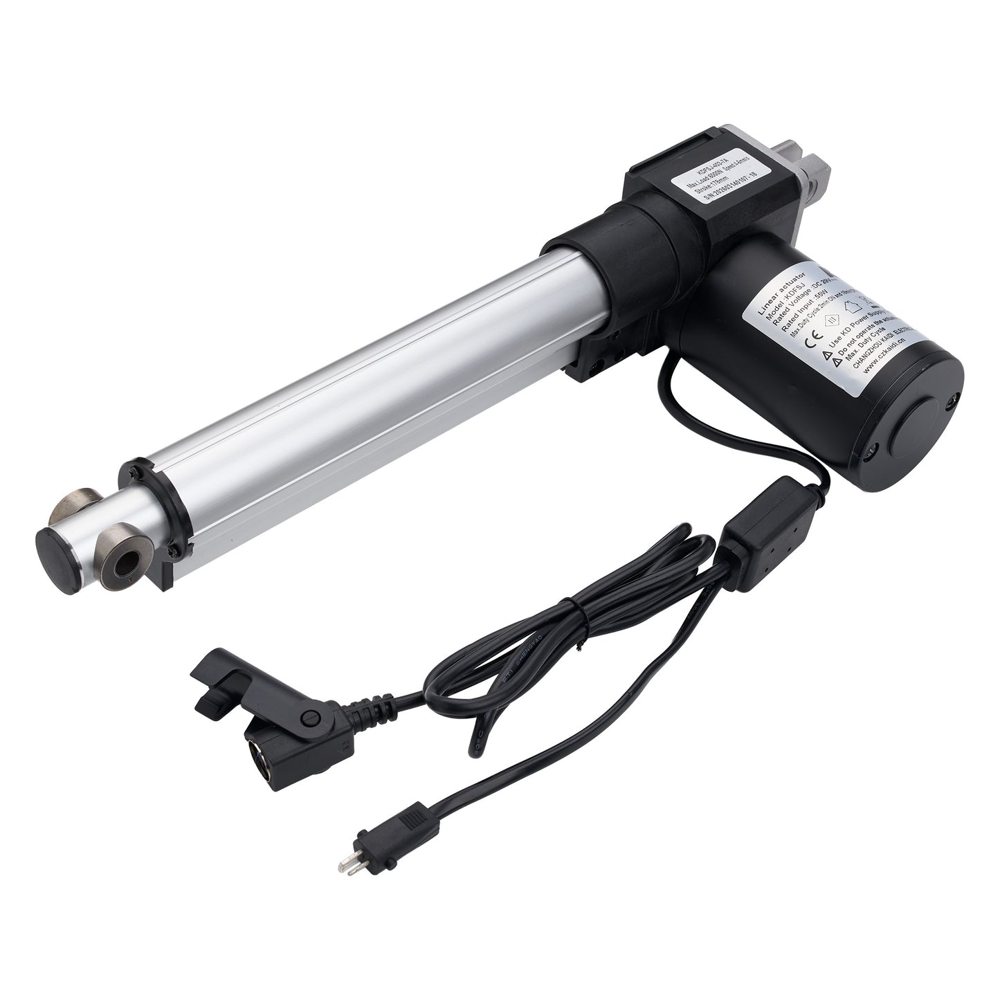 Electric linear actuator with cable and connectors on a white background