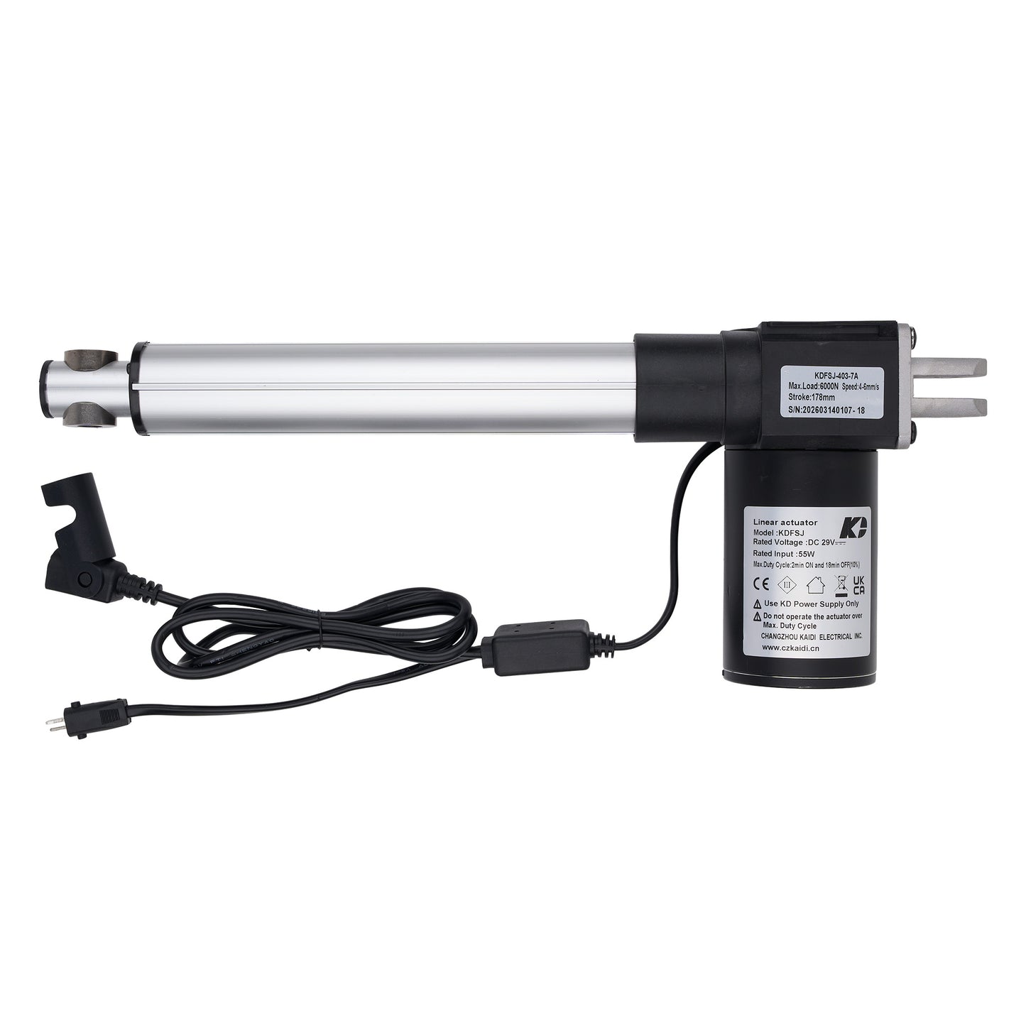 Linear actuator with power cable on a white background