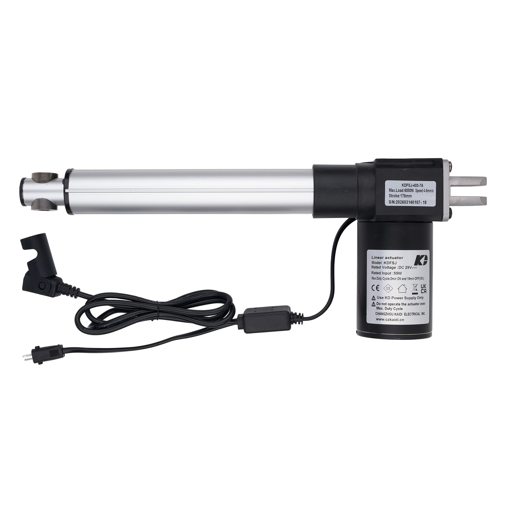 Linear actuator with power cable on a white background