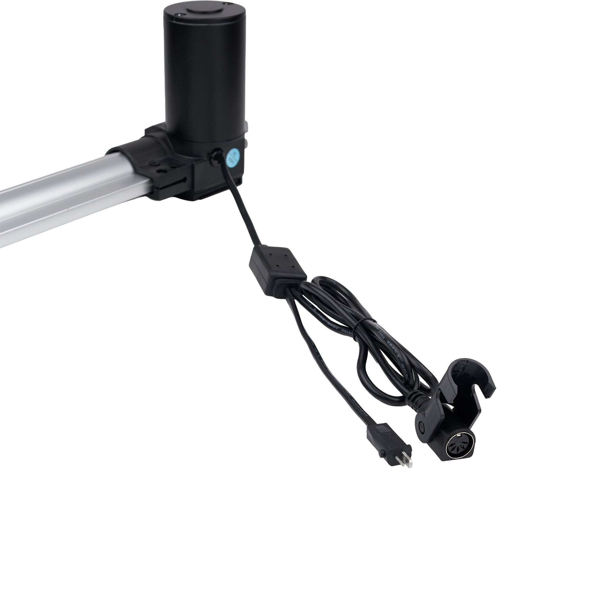 Camera mount with cable and connectors on a white background