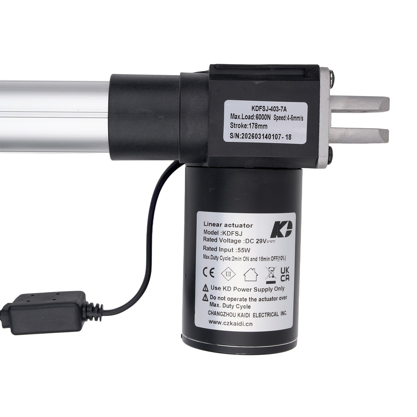 Linear actuator with specifications on a white background