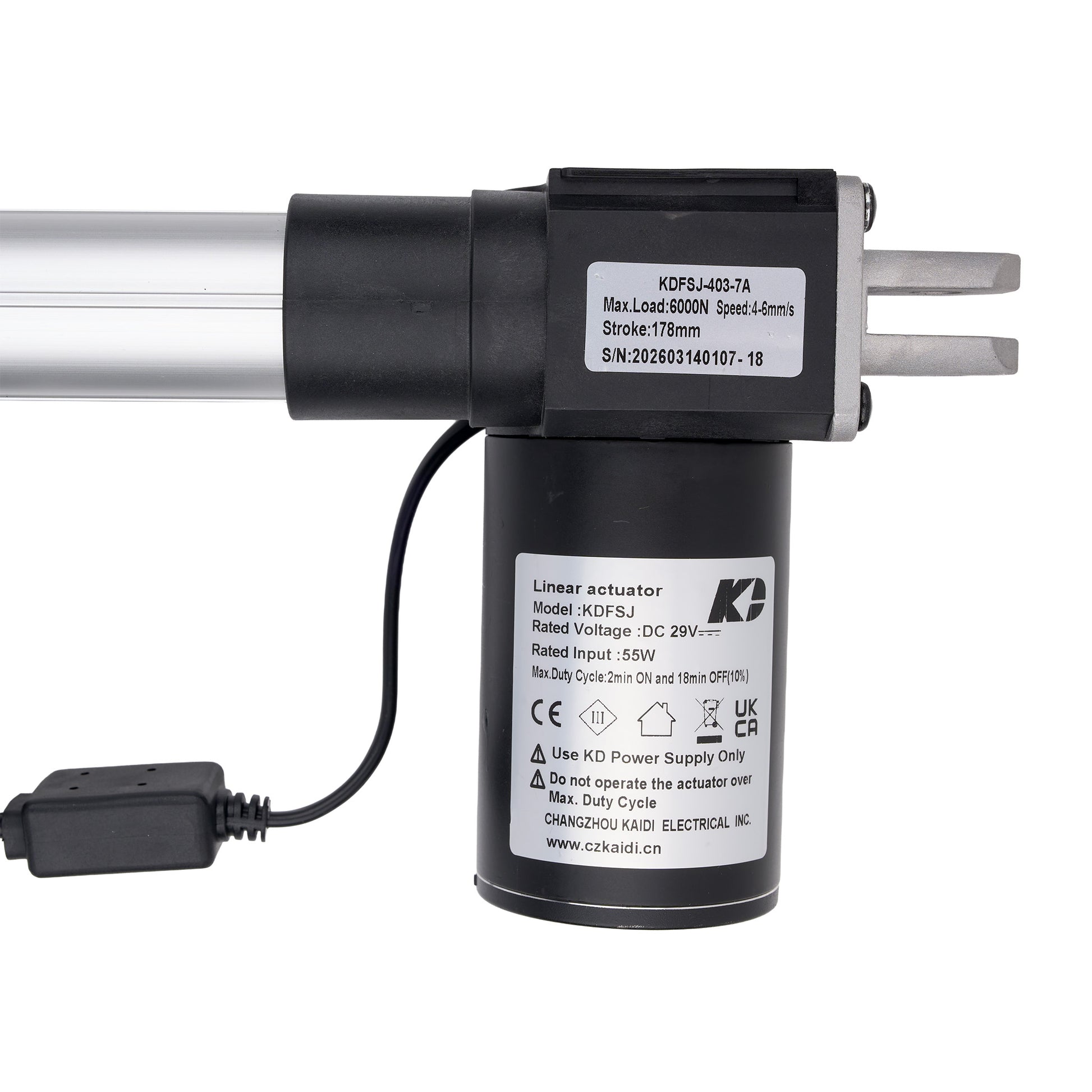 Linear actuator with specifications on a white background
