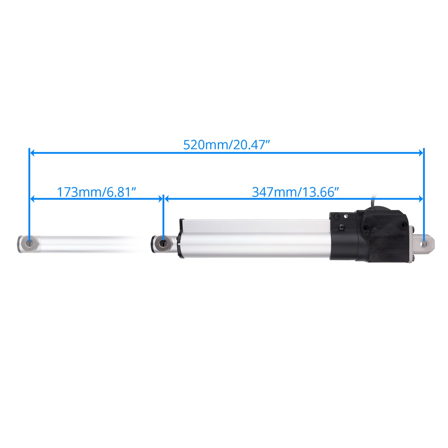 A linear actuator with dimension annotations showing a total length of 520mm (20.47 inches), with segments of 173mm (6.