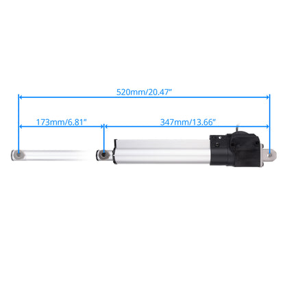 A linear actuator with dimension annotations showing a total length of 520mm (20.47 inches), with segments of 173mm (6.