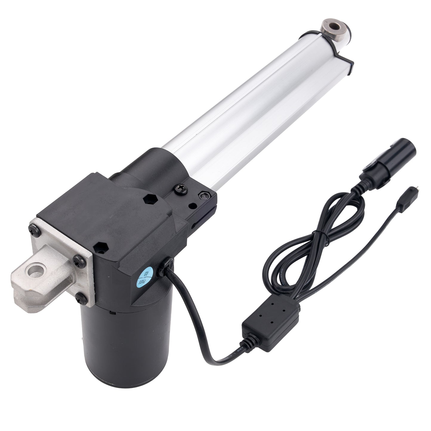 A linear electric motor slide rail with a black motor housing, a long silver metal rod, and an attached black power cable with connectors, shown on a white background.