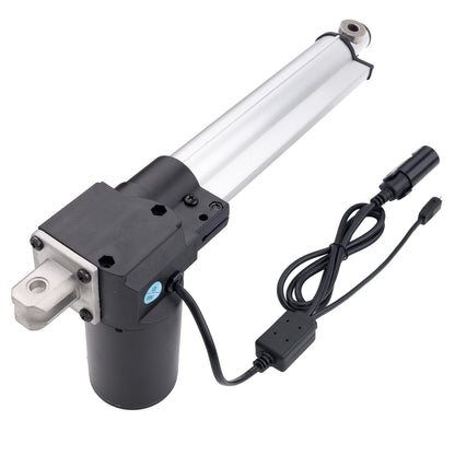 A linear electric motor slide rail with a black motor housing, a long silver metal rod, and an attached black power cable with connectors, shown on a white background.