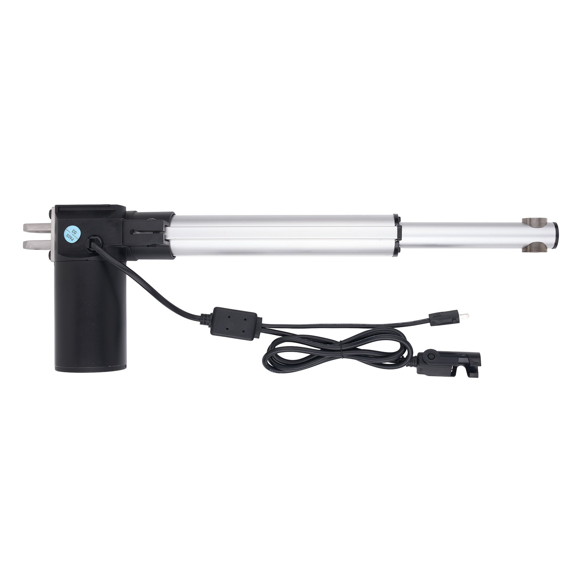 A linear electric gate opener motor with a long silver metal rod, a black cylindrical motor housing, and an attached black power cable with connectors, shown against a plain white background.