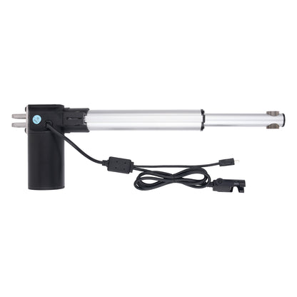 A linear electric gate opener motor with a long silver metal rod, a black cylindrical motor housing, and an attached black power cable with connectors, shown against a plain white background.