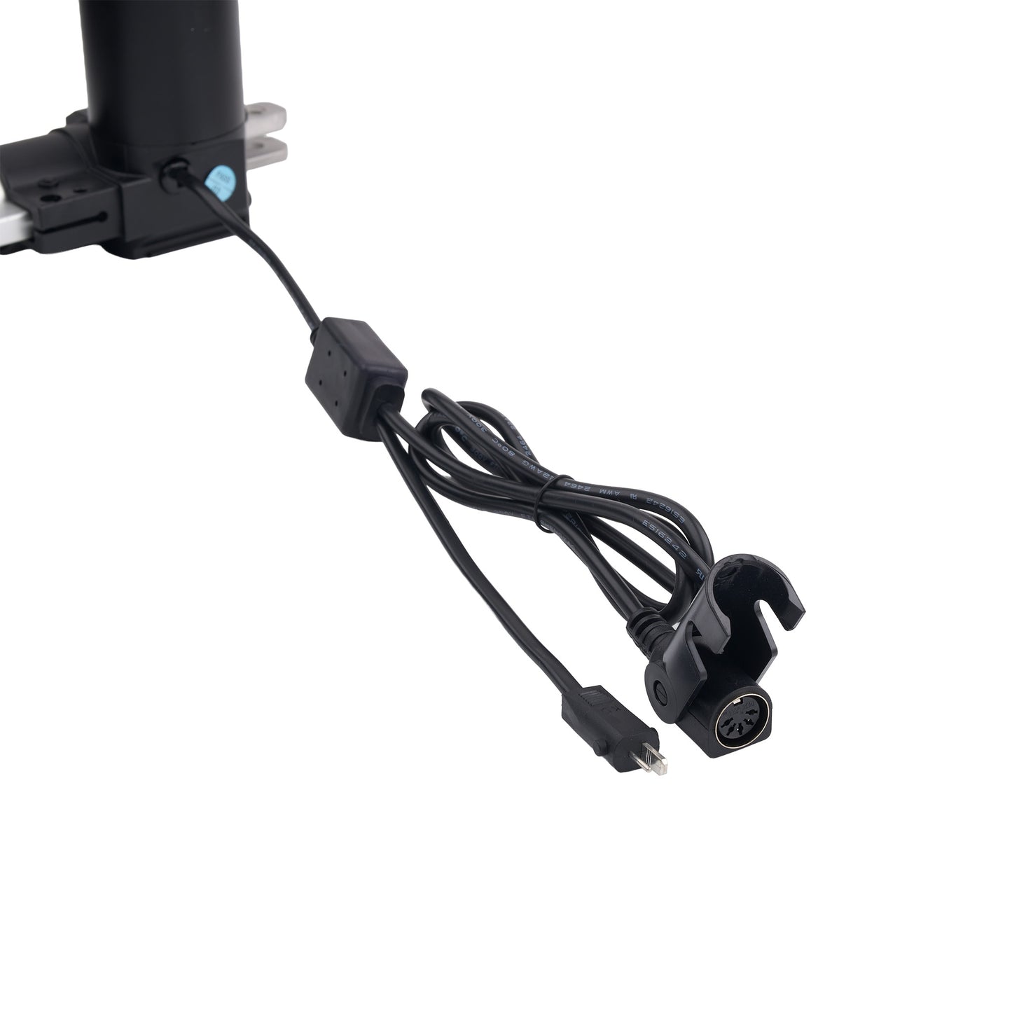 Black electronic power cable with a USB-A to USB-C connector and a multi-pin plug, attached to a black mounting bracket, shown on a white background.