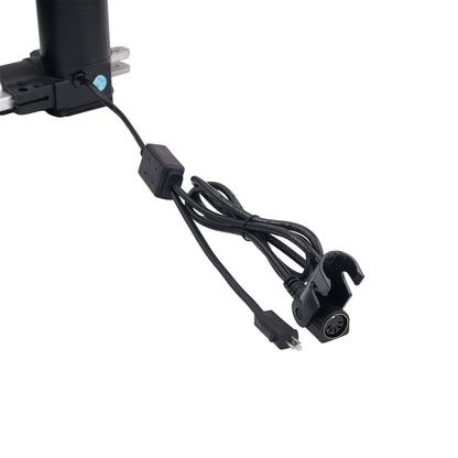 Black electronic power cable with a USB-A to USB-C connector and a multi-pin plug, attached to a black mounting bracket, shown on a white background.