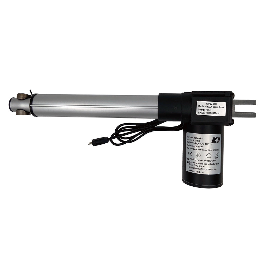 A Kaidi linear actuator, with a silver cylinder and black motor housing, connected to a power source via a cable with a plug.