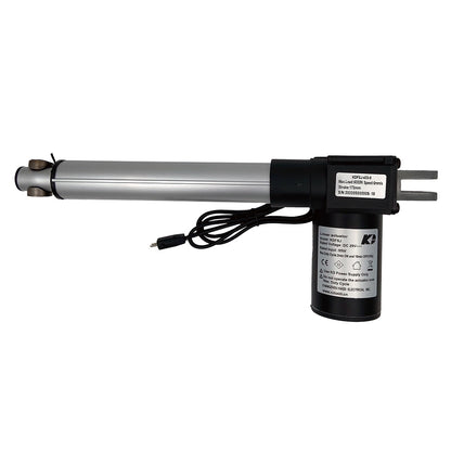 A Kaidi linear actuator, with a silver cylinder and black motor housing, connected to a power source via a cable with a plug.