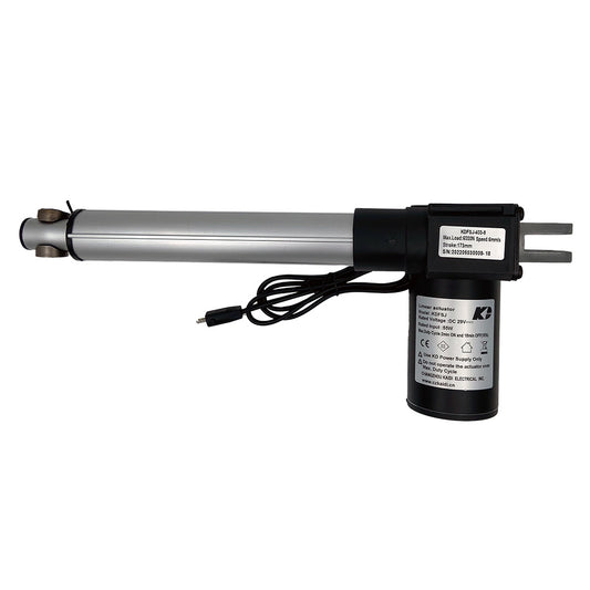 A Kaidi linear actuator, with a silver cylinder and black motor housing, connected to a power source via a cable with a plug.
