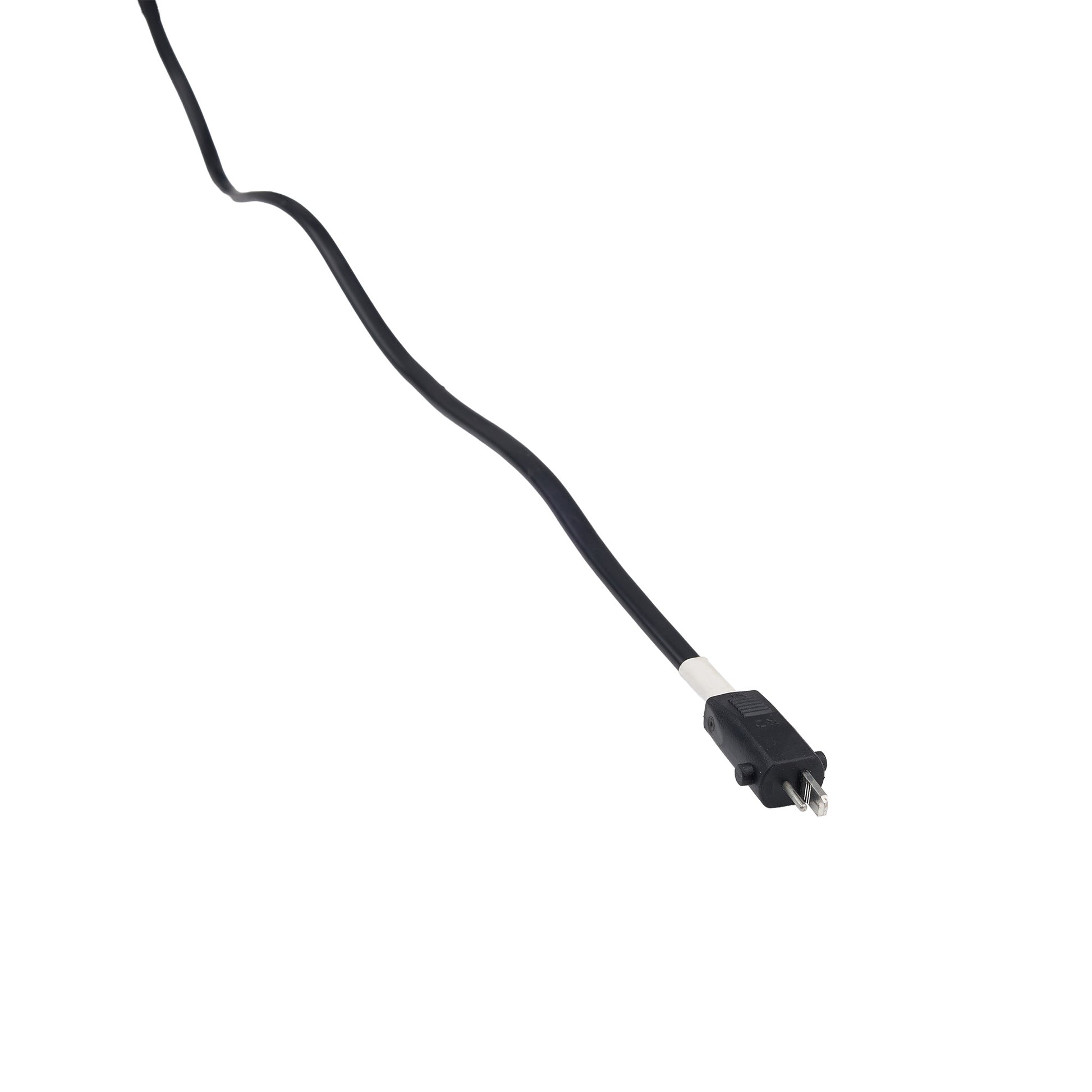 Black electrical cord with plug on a white background