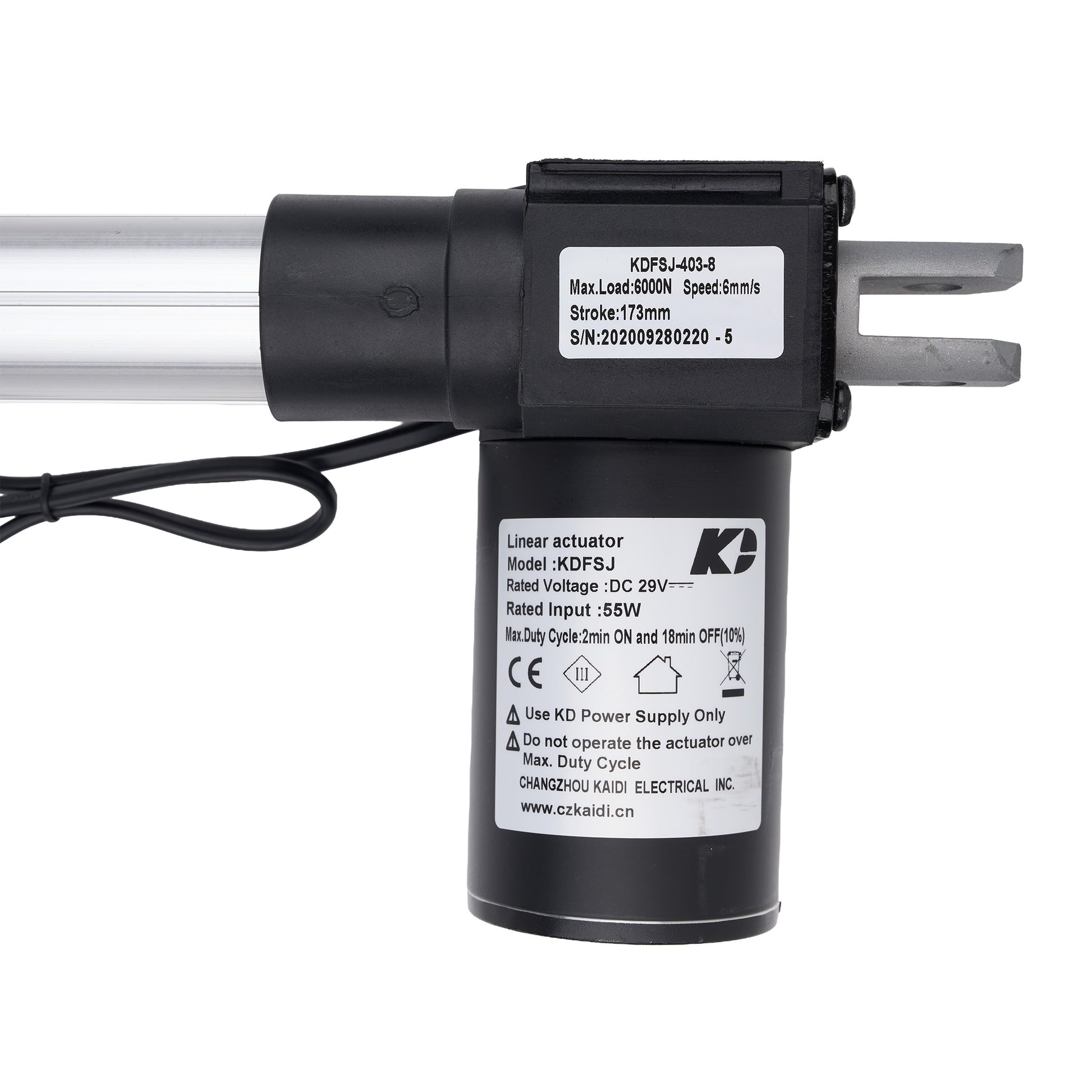 Linear actuator with visible branding and specifications on a white background