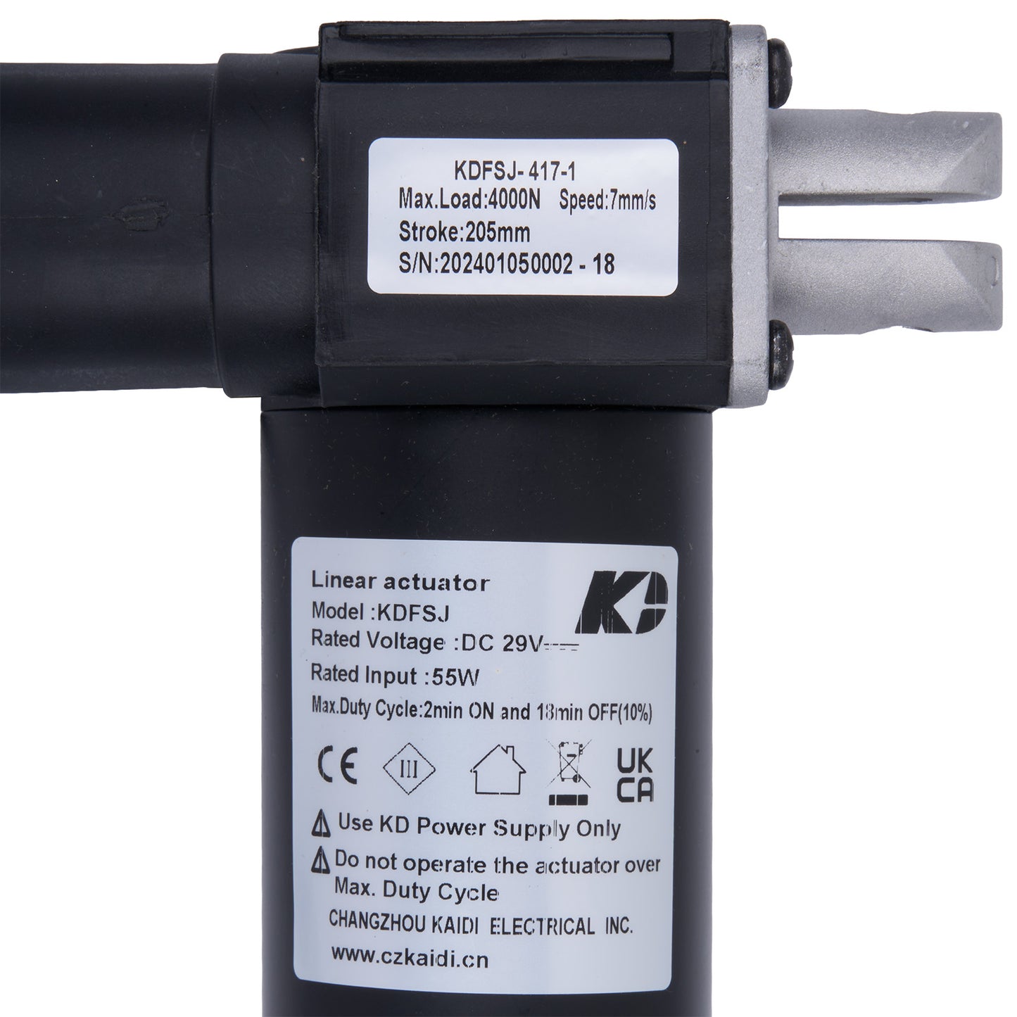 Linear actuator with specifications on a white background