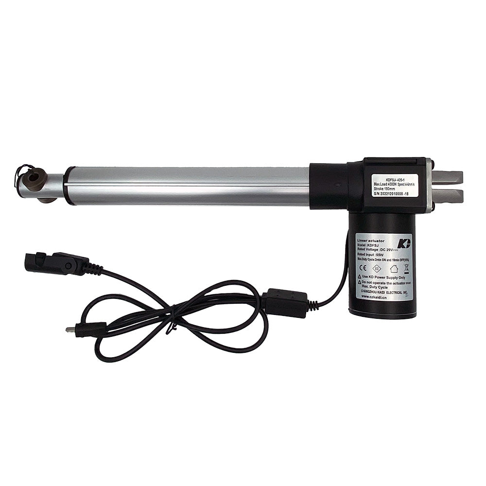 A Kaidi linear actuator for recliner or lift chair, showing the actuator body with silver piston rod, black wiring harness, and electrical plugs.