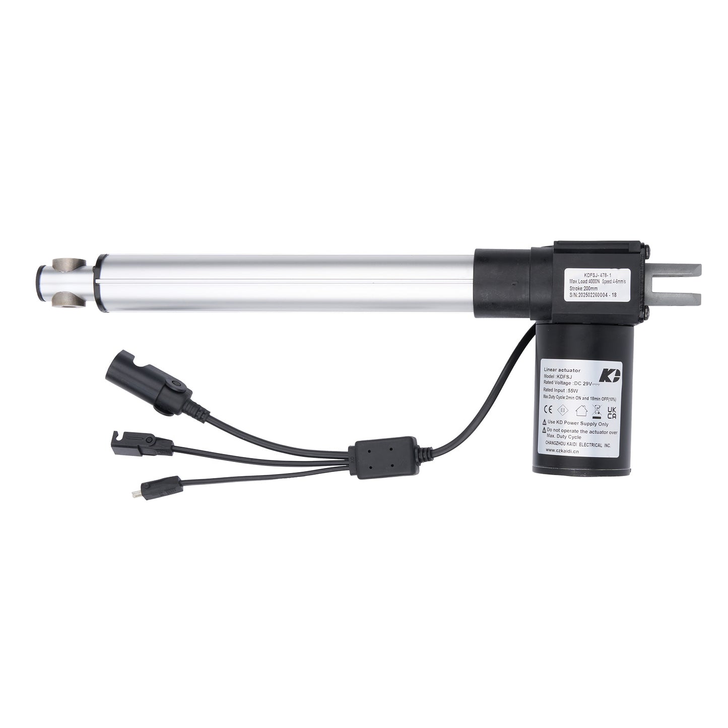 Electric linear actuator with wiring on a white background