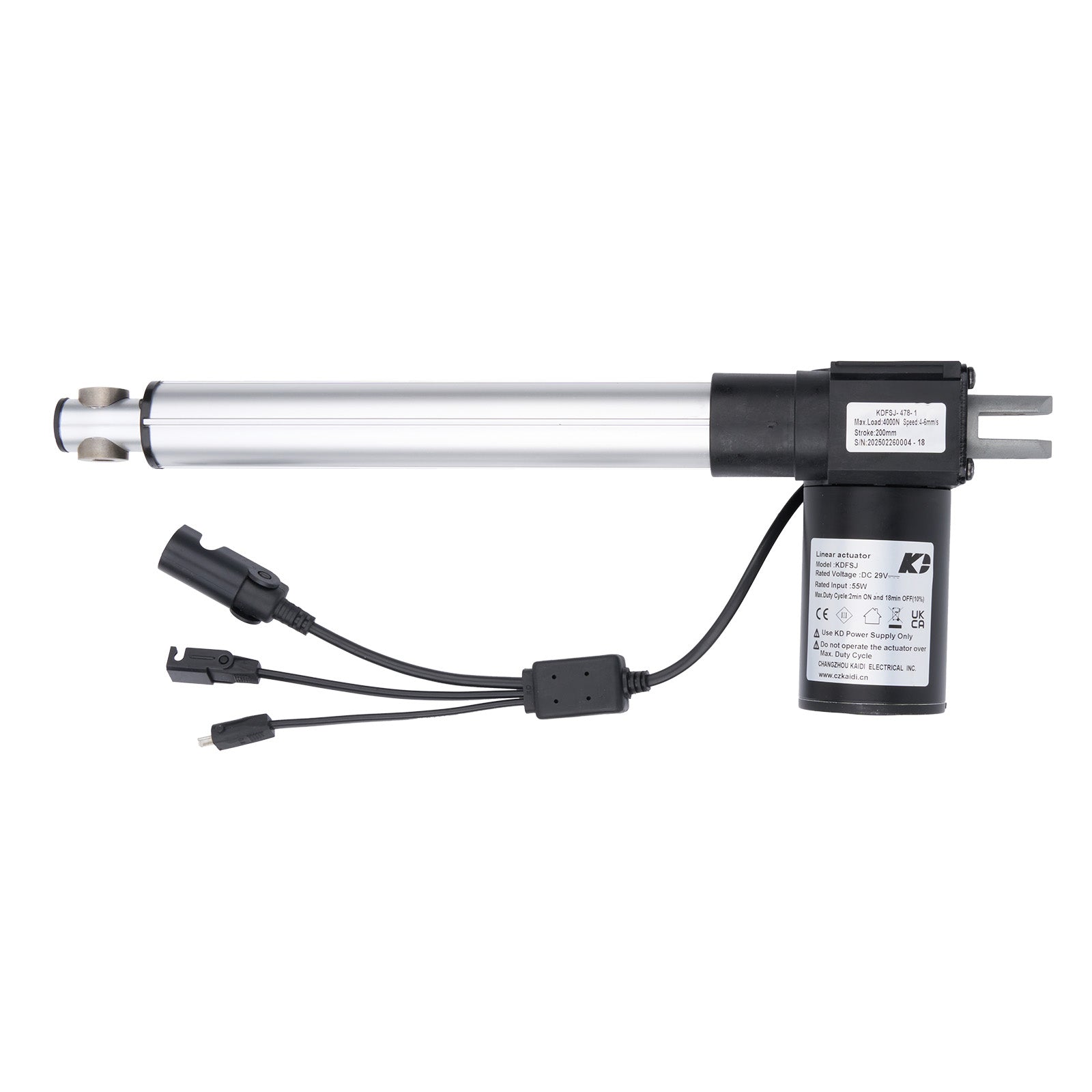 Electric linear actuator with wiring on a white background