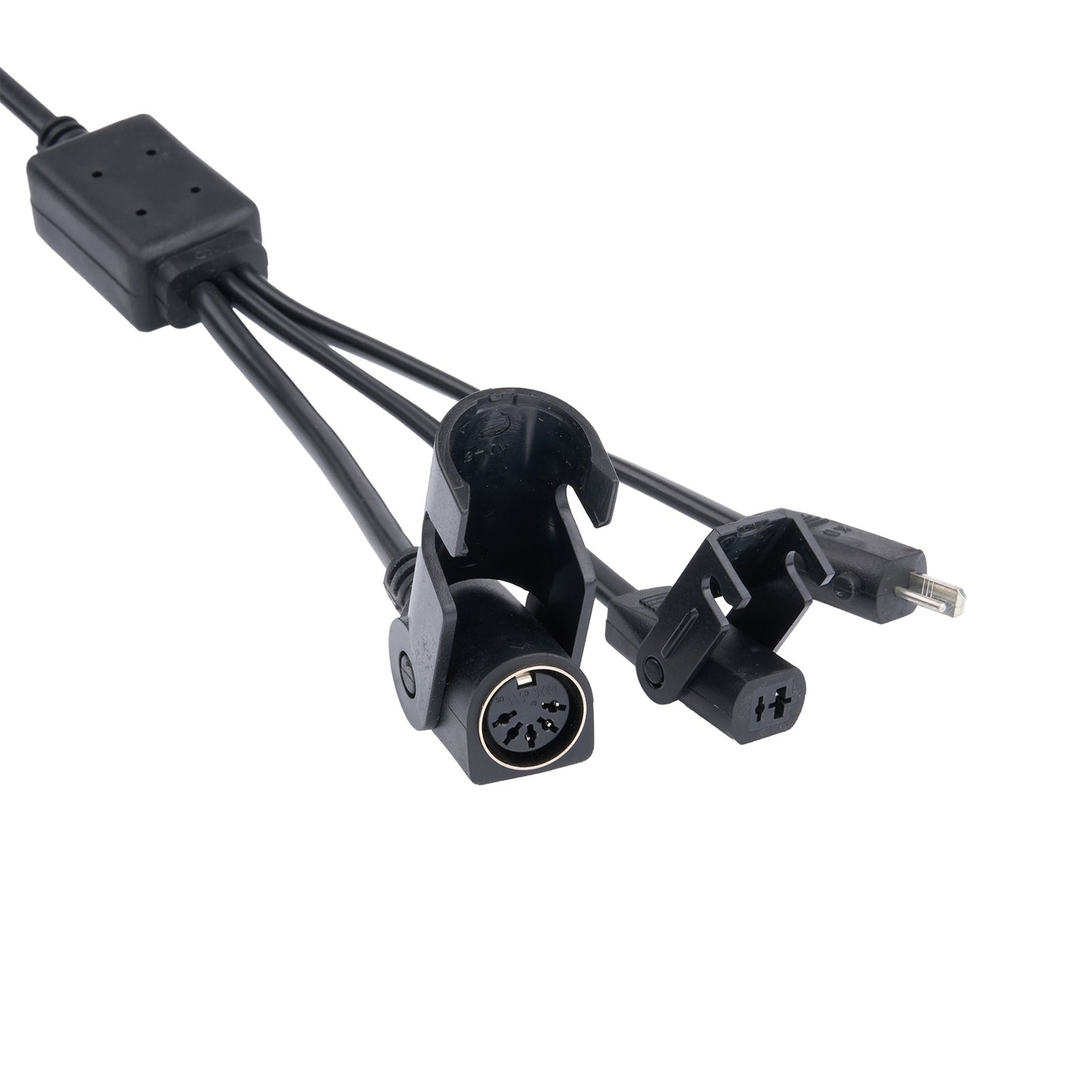 Black cable with connectors on a white background