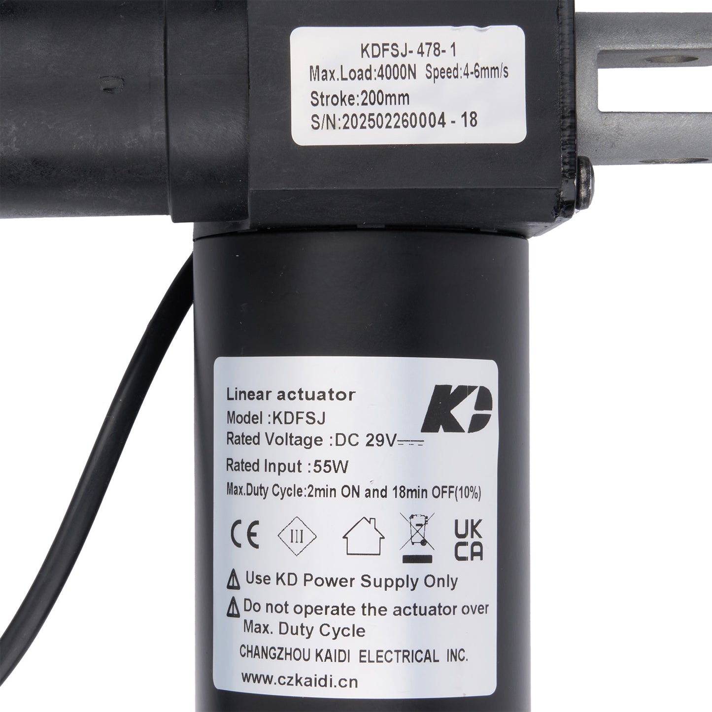 Linear actuator with visible branding and specifications on a white background