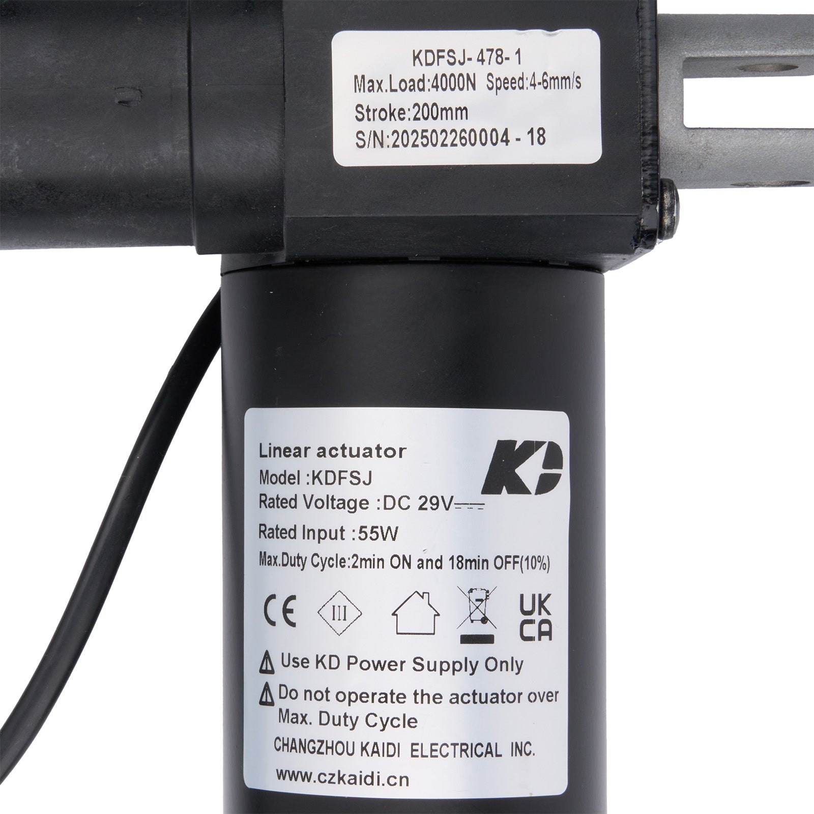 Linear actuator with visible branding and specifications on a white background