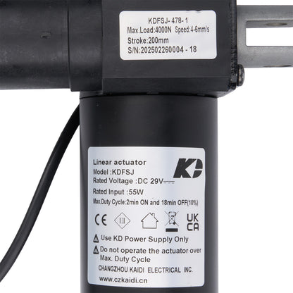 Linear actuator with visible branding and specifications on a white background