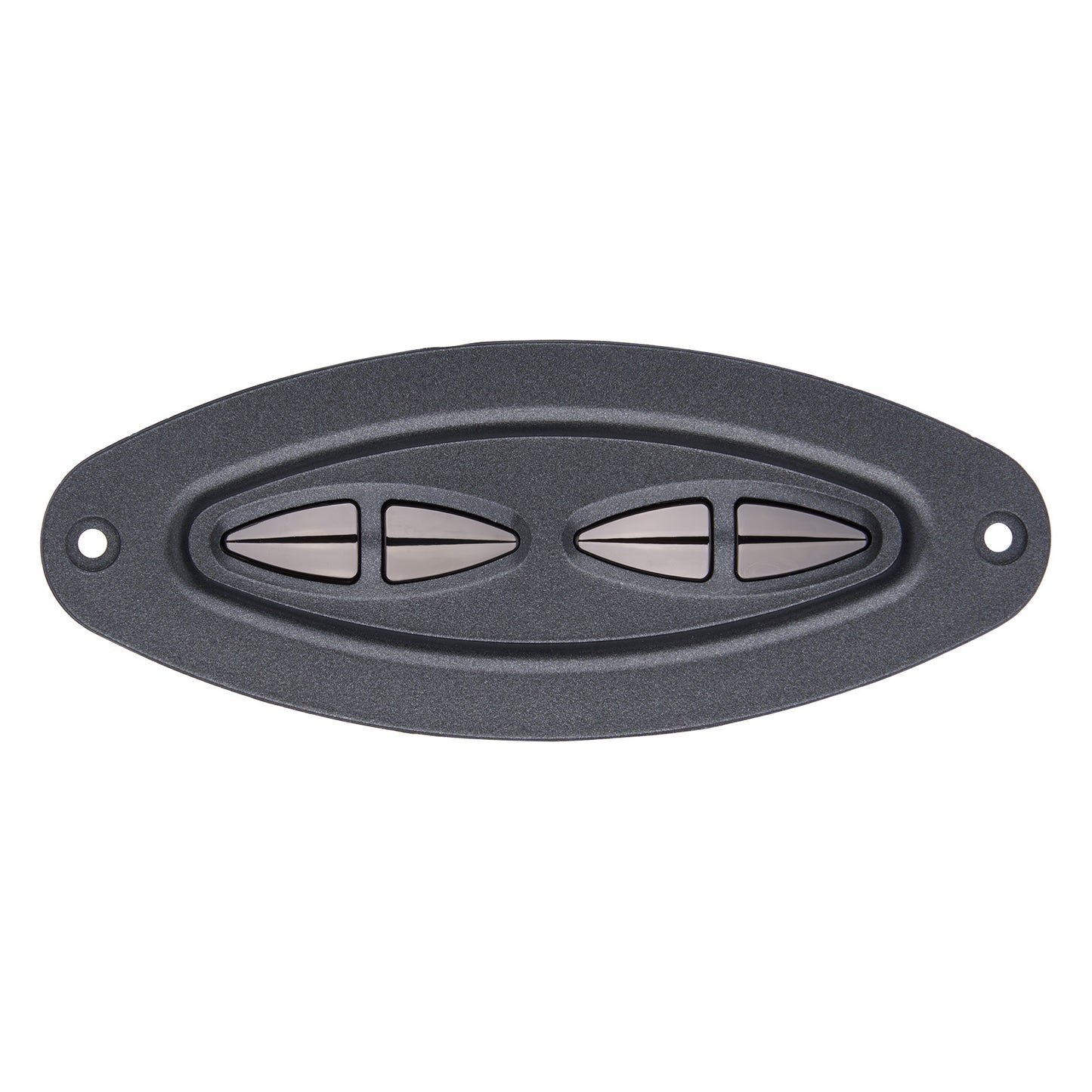 Black oval speaker grille with metallic accents on a white background