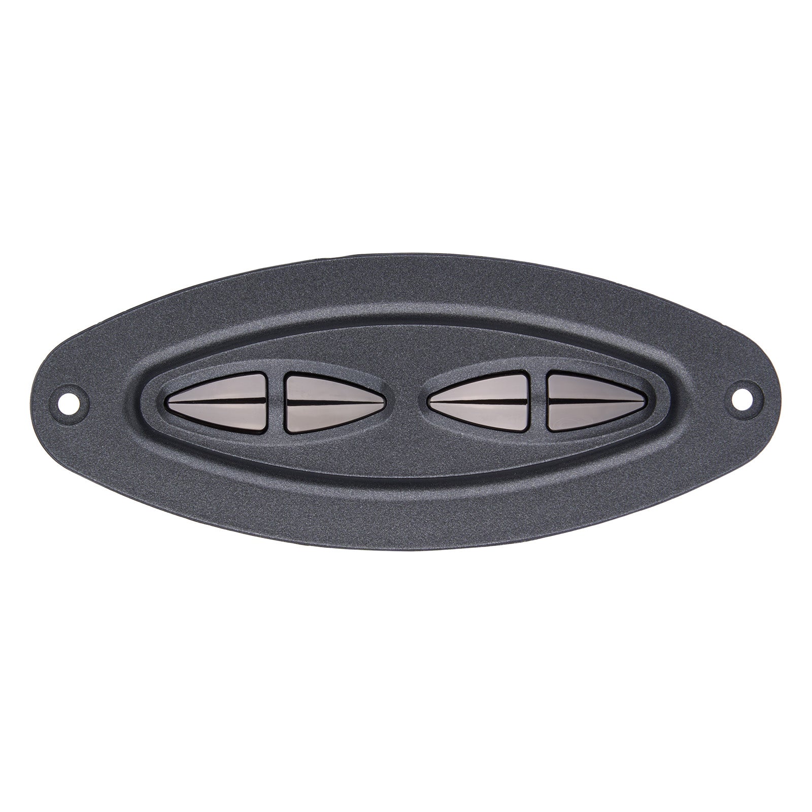 Black oval speaker grille with metallic accents on a white background