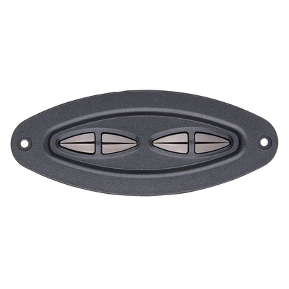 Black oval speaker grille with metallic accents on a white background