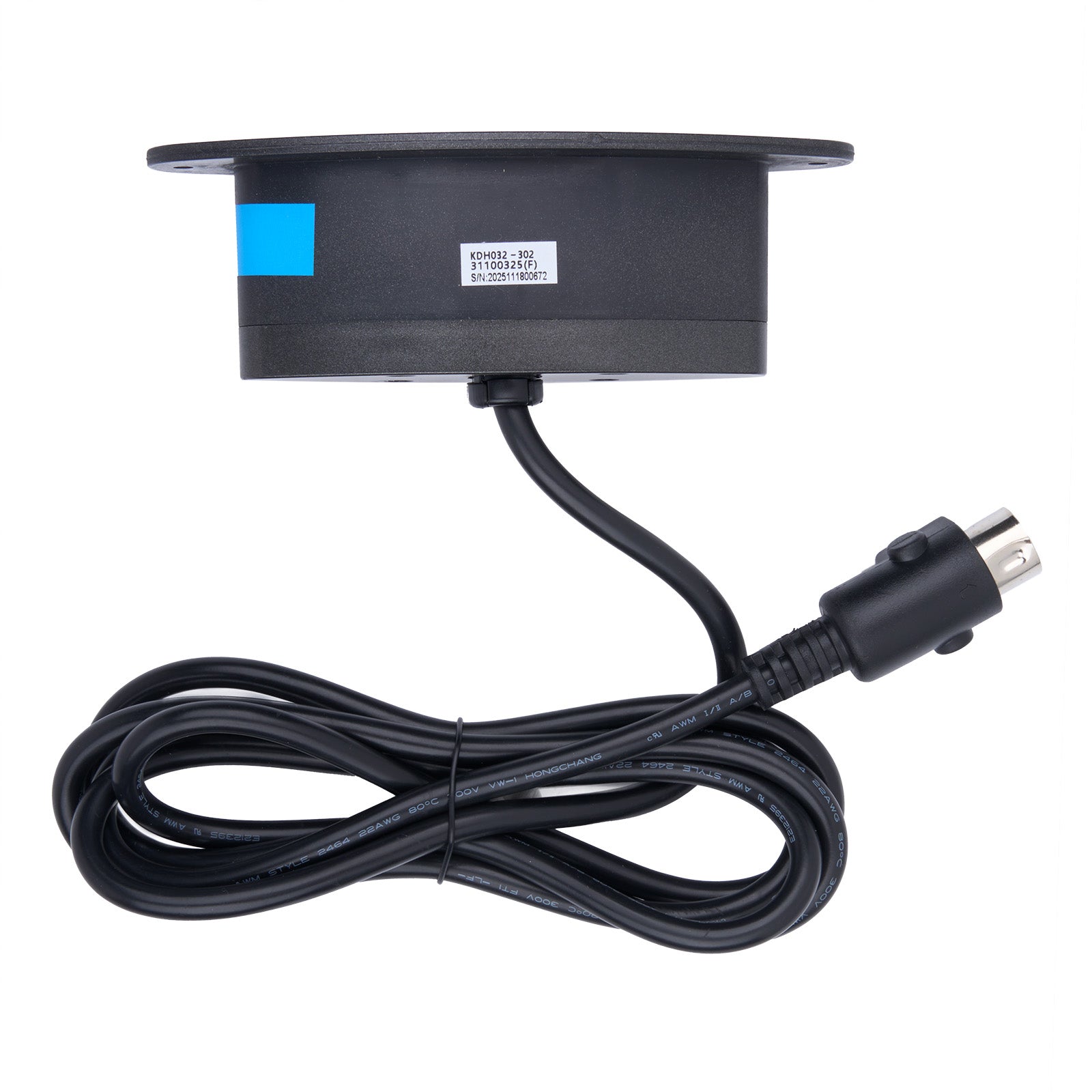 Black electronic device with a cable on a white background