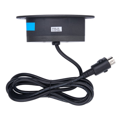 Black electronic device with a cable on a white background