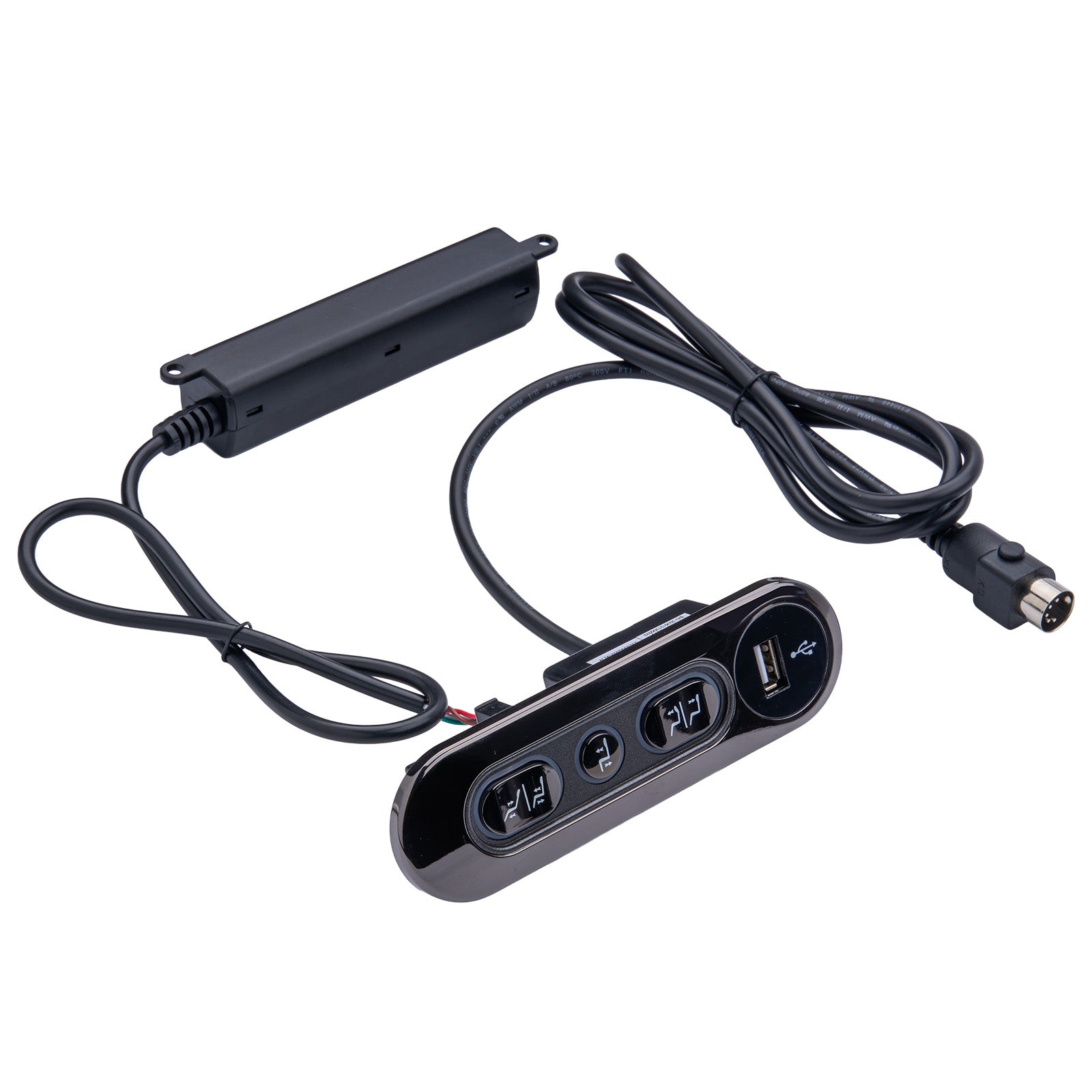 Black electronic device with multiple ports and cables on a white background