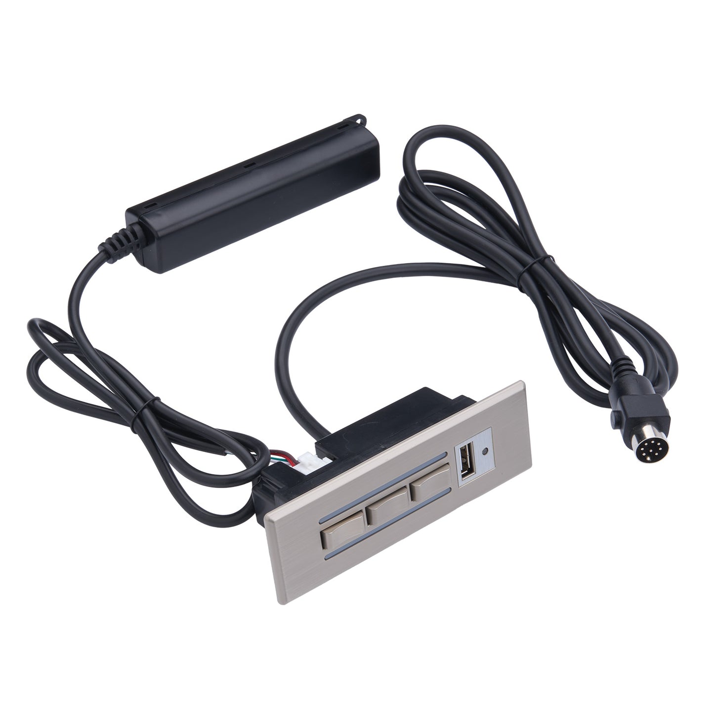 Computer peripheral with USB ports and cable on a white background