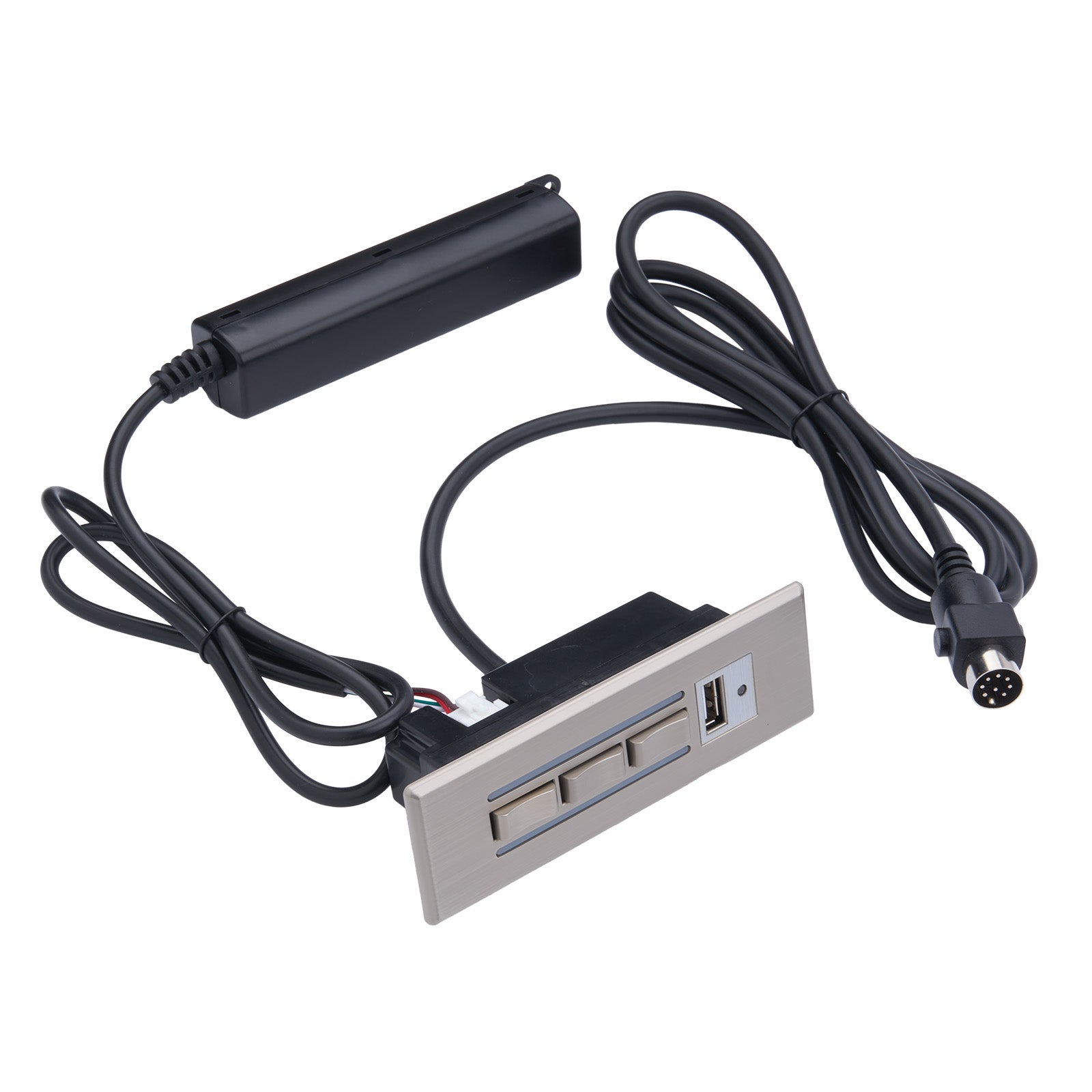 Computer peripheral with USB ports and cable on a white background