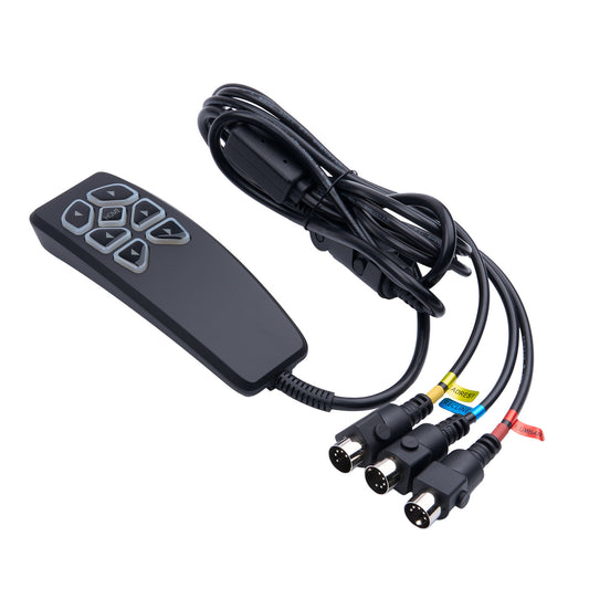 Black remote control with cable and connectors on a white background