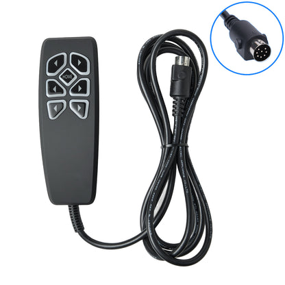 Black remote control with cable and power plug on a white background