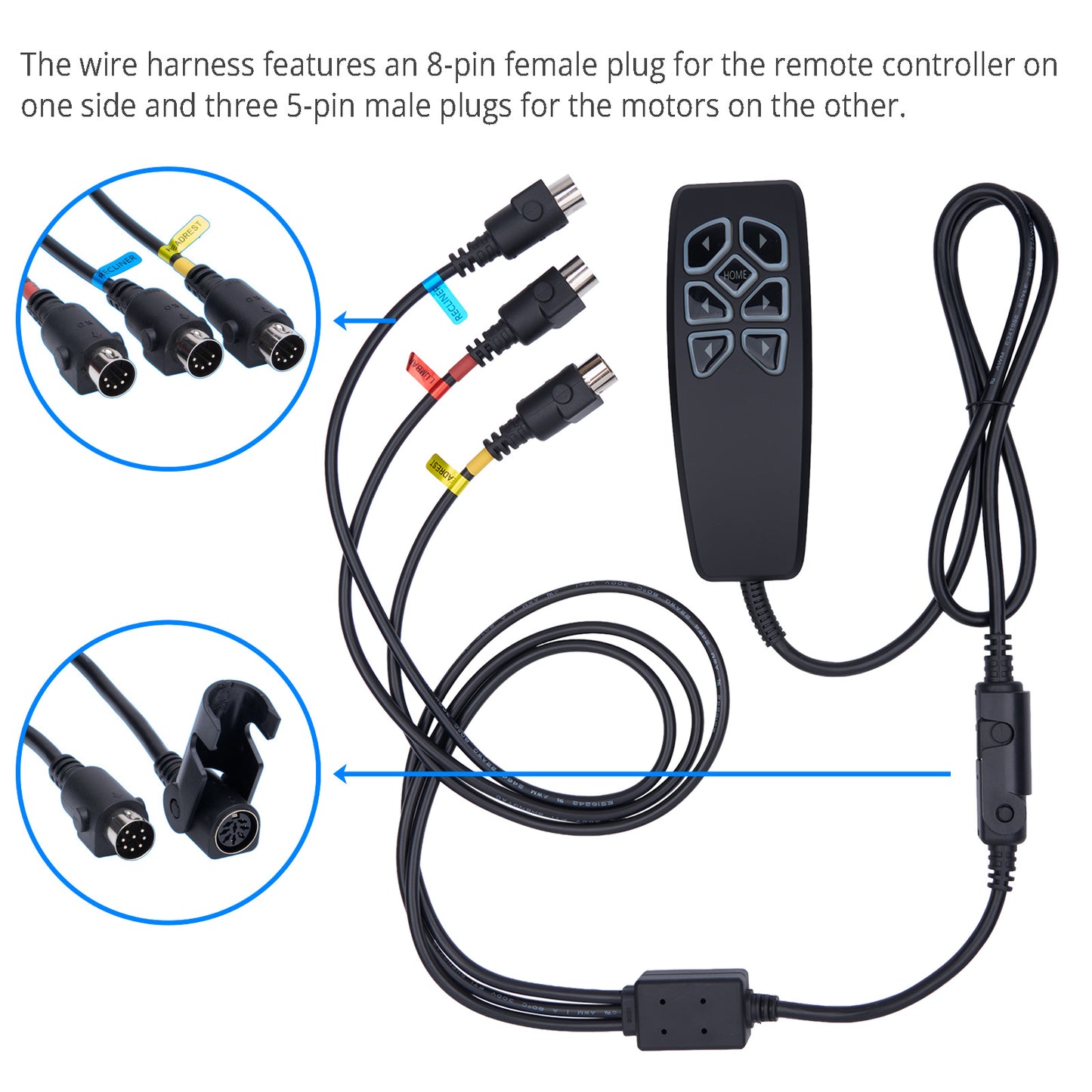 Wire harness with connectors and remote controller on a white background