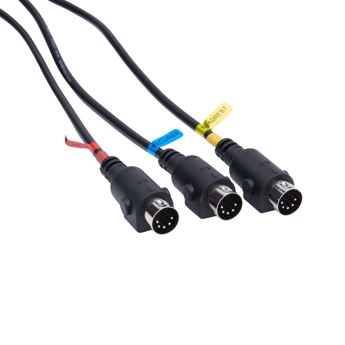 Three black audio cables with different colored labels on a white background