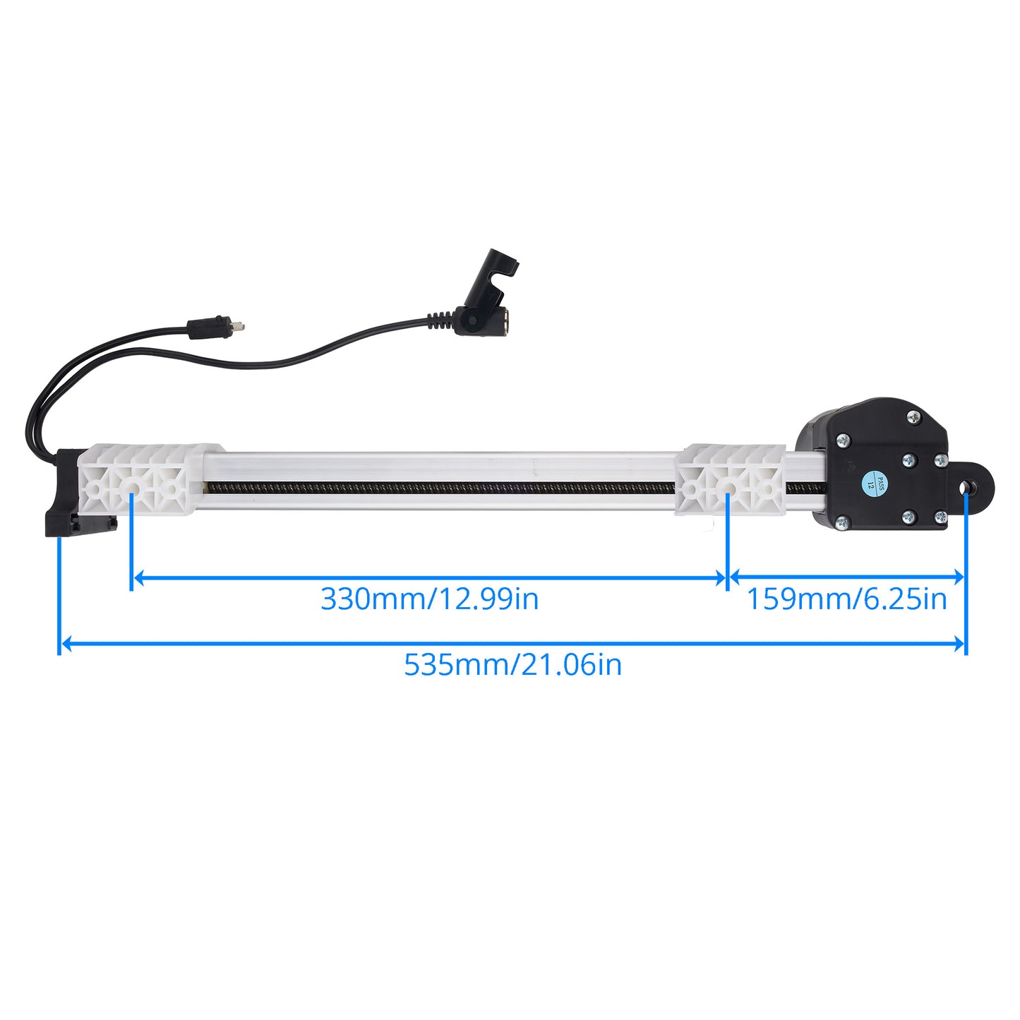 A linear rail slide with a black power cable and a black motor mount, shown with blue dimension lines and text indicating measurements of 330mm/12.99in, 159mm/6.