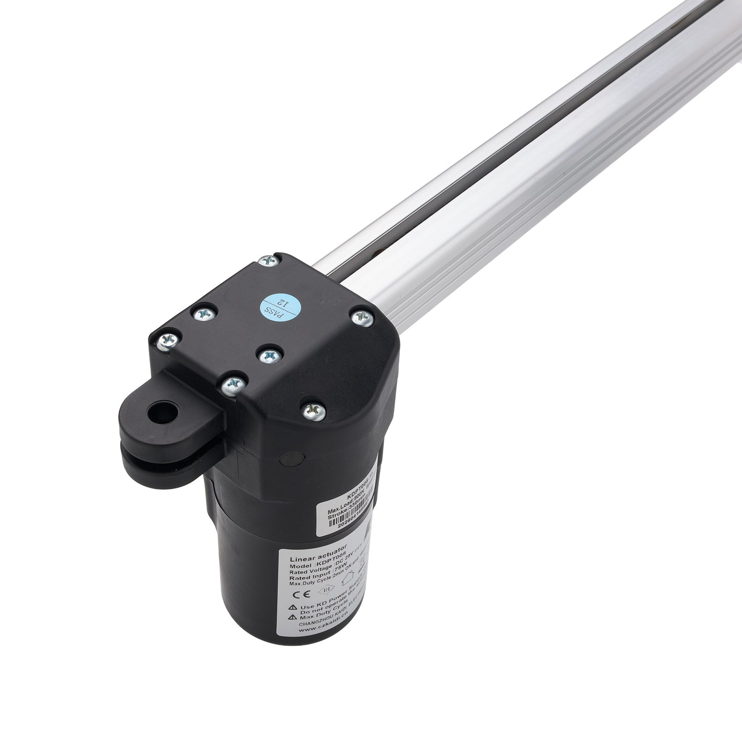 A linear actuator motor with a black housing and a silver metal rod, shown on a clean white background.
