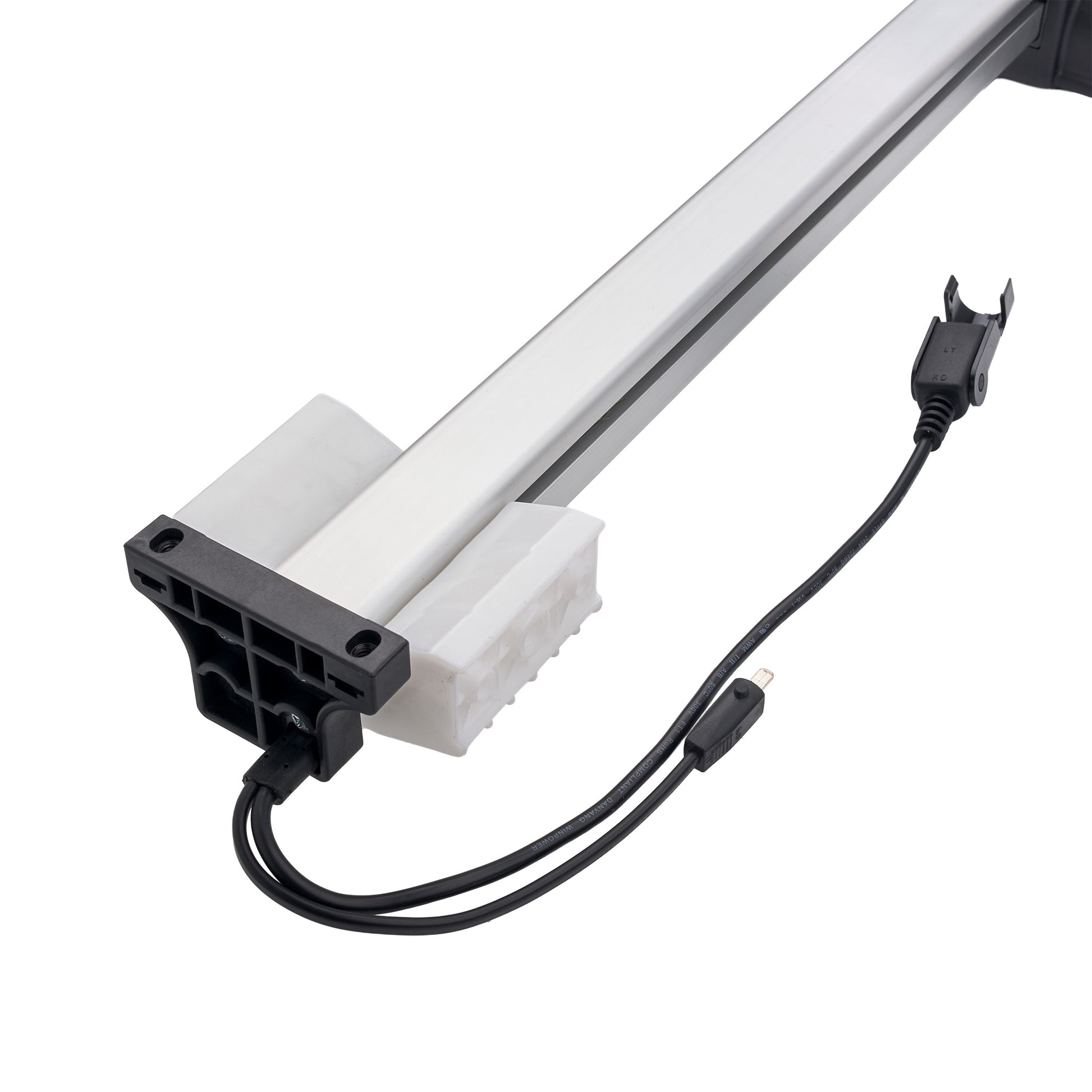 A linear LED light bar with a white aluminum tube, black plastic mounting bracket, and attached power cable on a solid white background.